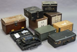 A Proset hammer drill, cased; two Bisley small counter-top chests; & six small trunks & boxes.