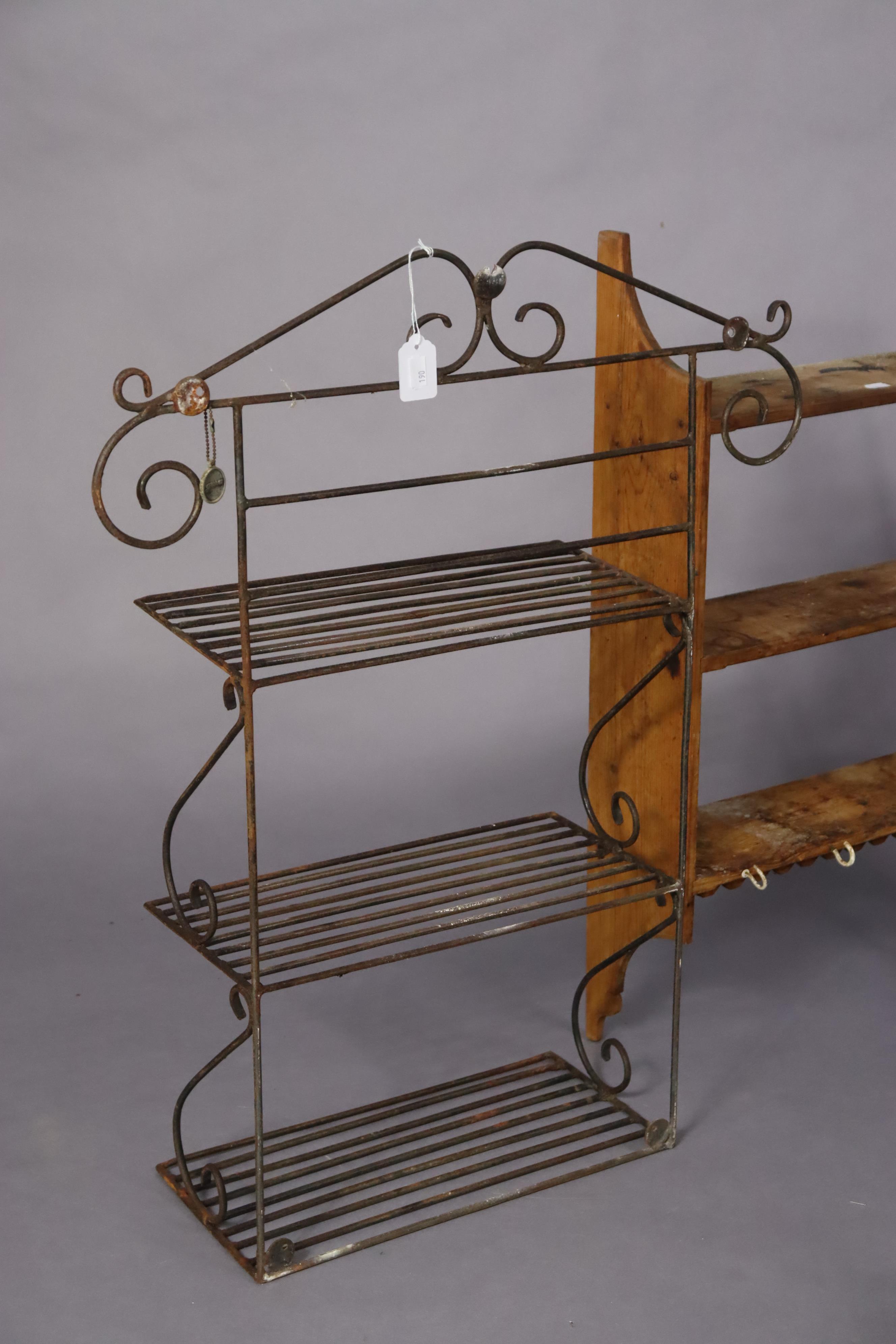 A pine wall-mounted plate rack, 61.5cm wide x 43cm high; together with two small sets of pine wall - Image 3 of 7