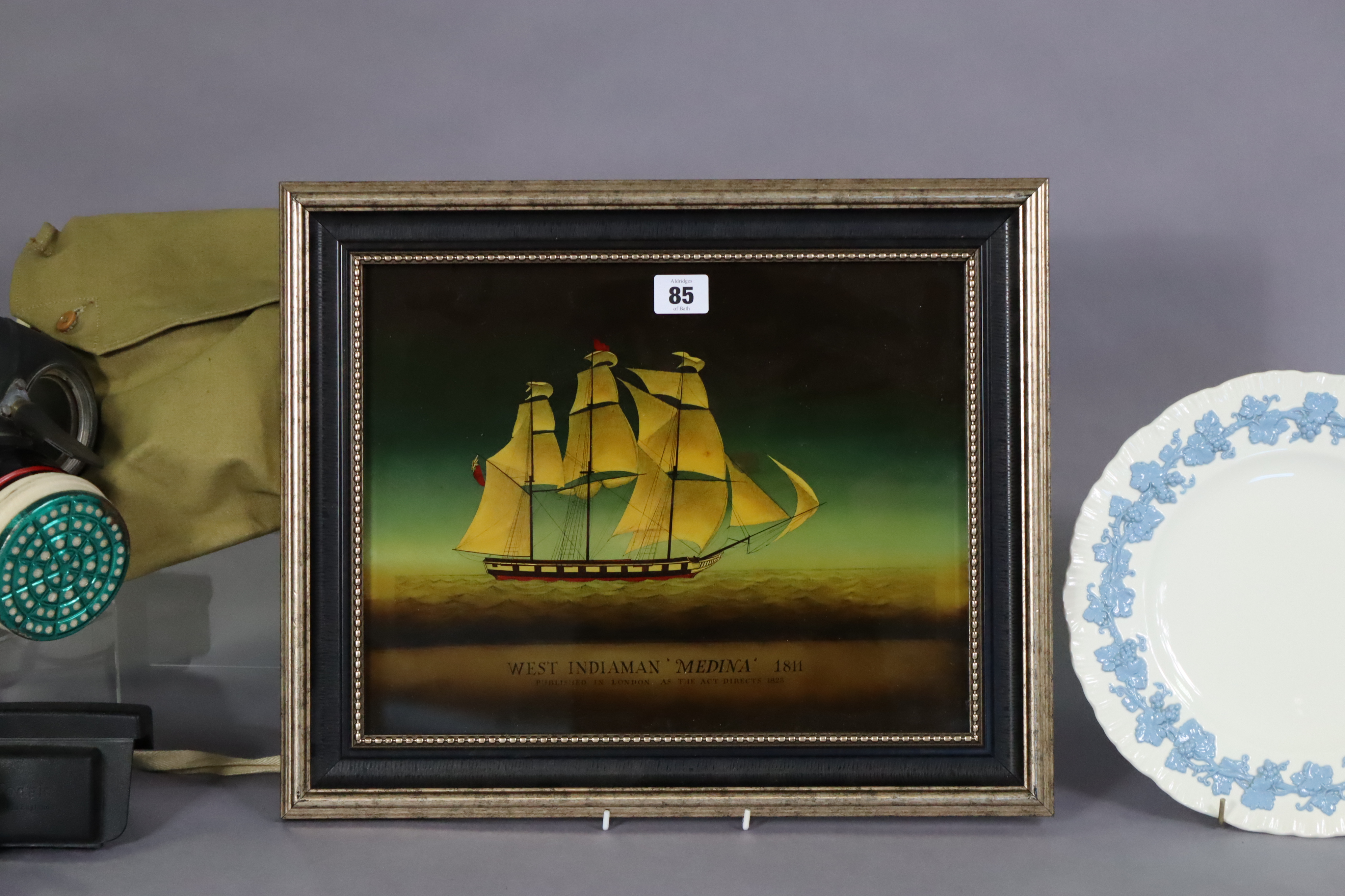 A coloured reverse-laid print titled “West Indiaman Medina 1811”, 26.75cm x 34cm, framed; a WWII - Image 2 of 13