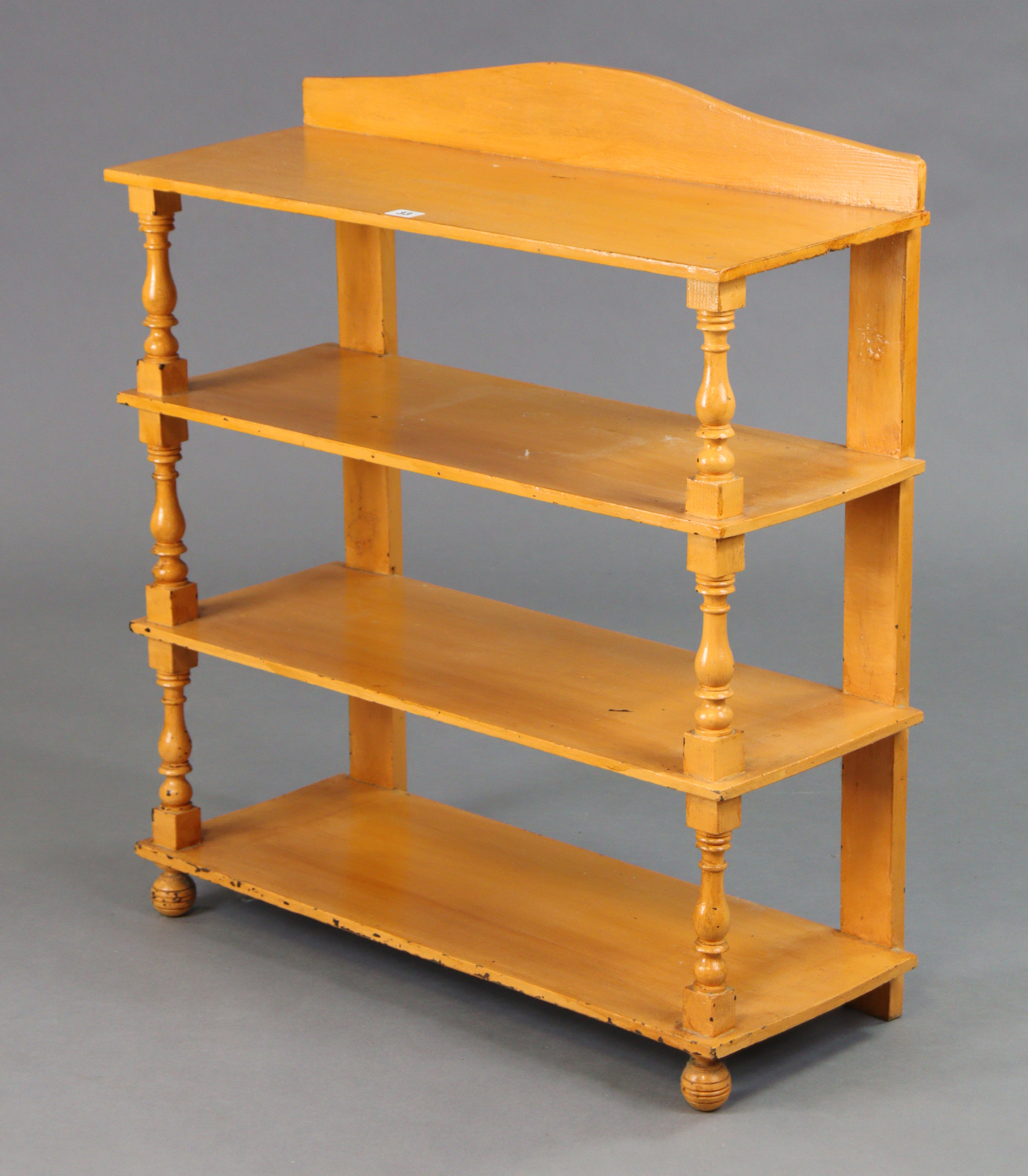 A painted wooden four-tier standing open bookcase with baluster-turned supports & turned feet, 76cm - Image 2 of 3