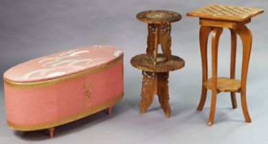 A pink & gold painted loom oval blanket box, 91cm wide; together with three occasional tables; & a