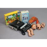 A vintage Videotronic TV game; a Sport Vision 1000 game; a composition doll & various other toys.