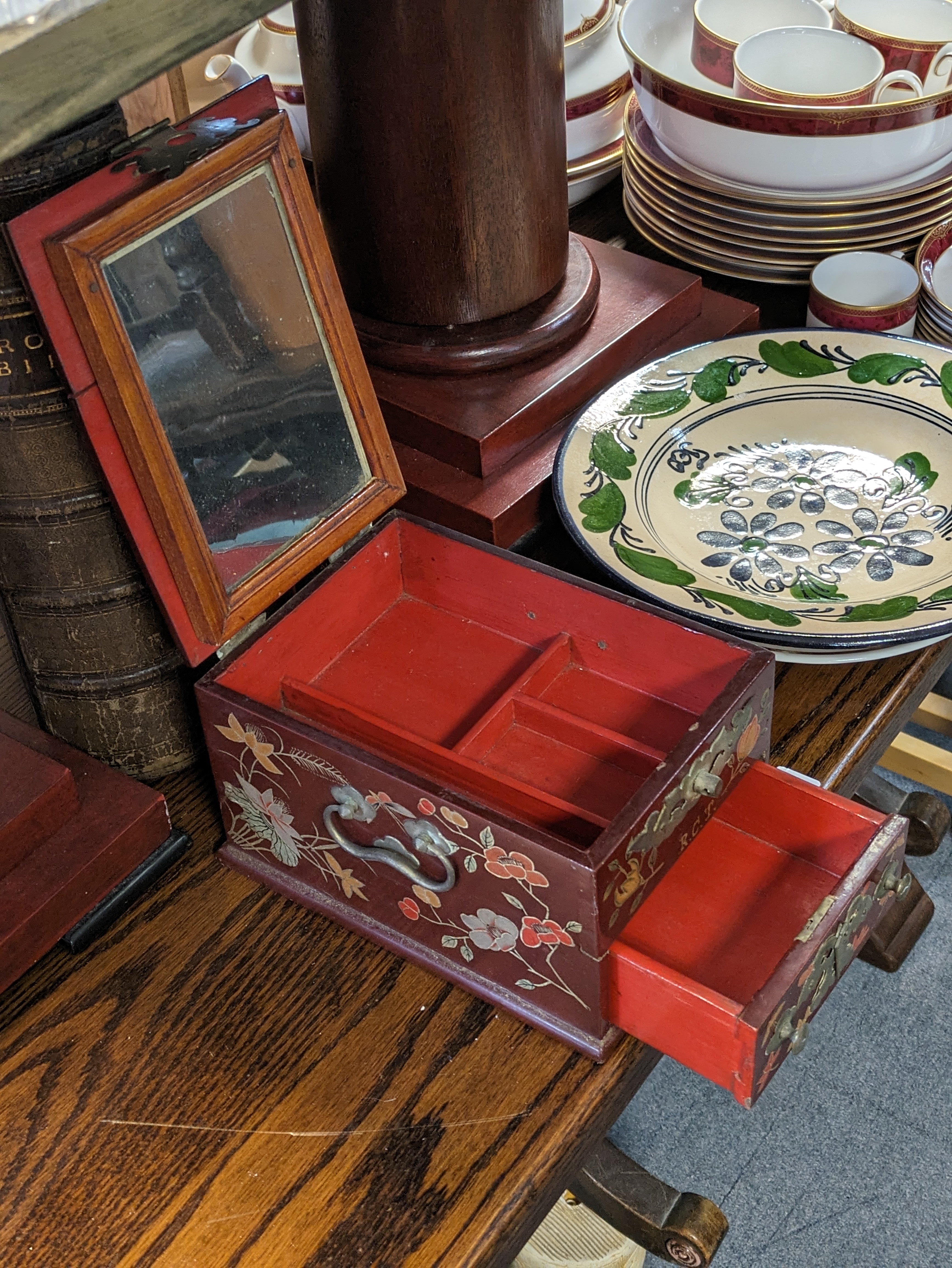 A vintage helmet; various family photographs; a red lacquer-work jewellery box; a Kelly’s - Image 4 of 8