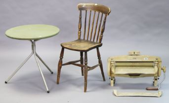 A vintage Acme clothes-wringer/mangle; a light green & grey-metal finish circular occasional