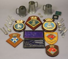 Six naval wardroom crests; a set of steel drawing implements, cased; three pewter tankards, etc.