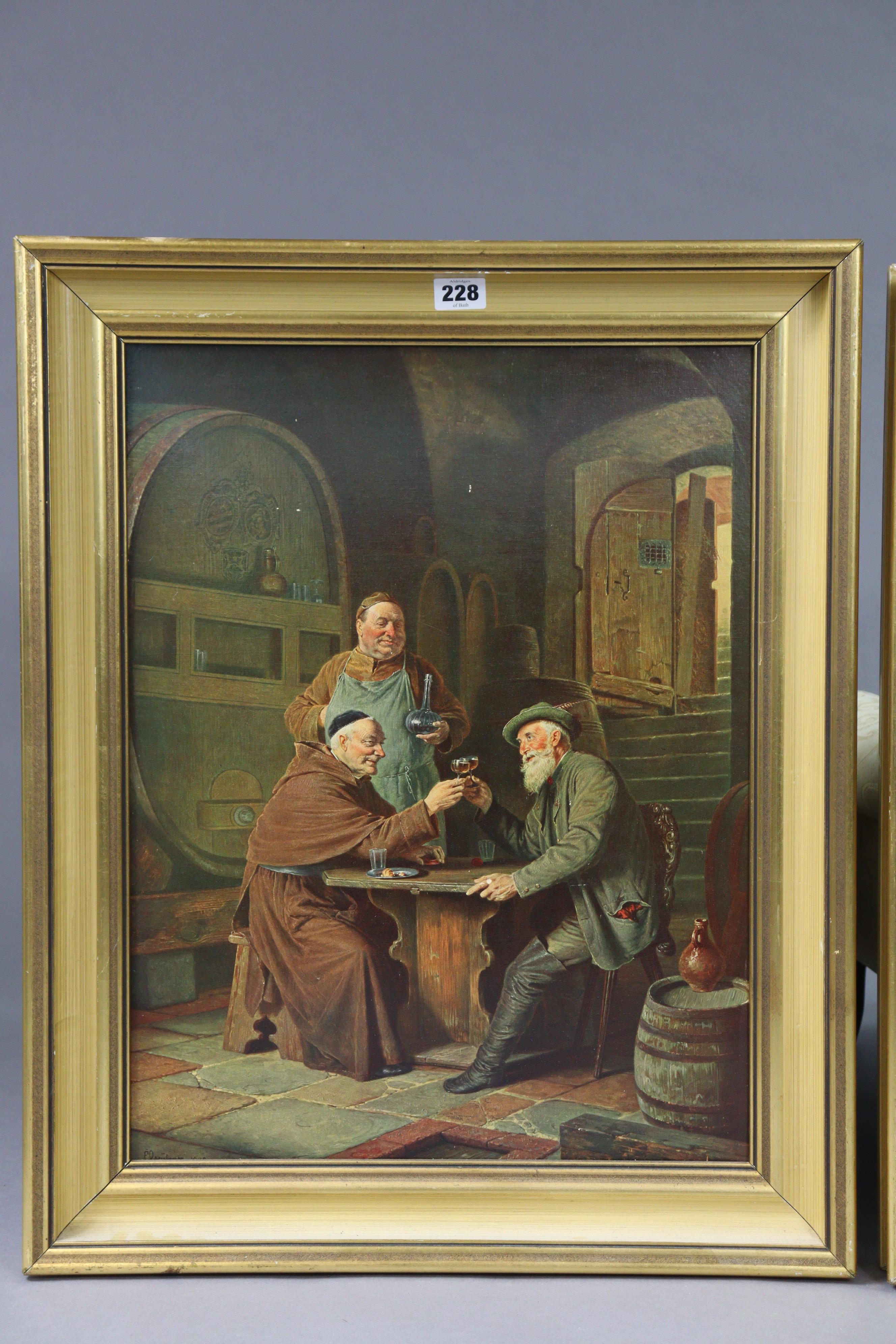 A coloured print after Jules Leclercq, titled: “Bearded man drinking brandy with two monks”; & - Image 2 of 7