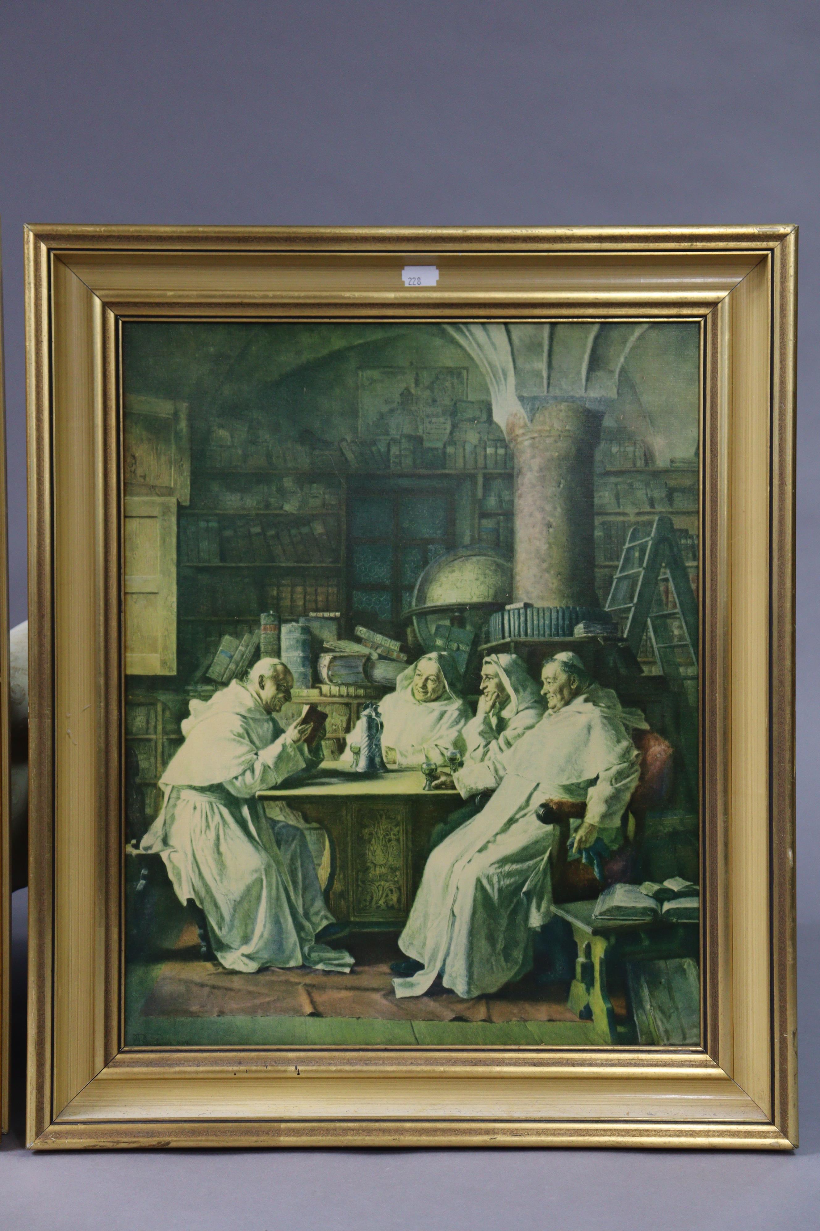 A coloured print after Jules Leclercq, titled: “Bearded man drinking brandy with two monks”; & - Image 3 of 7