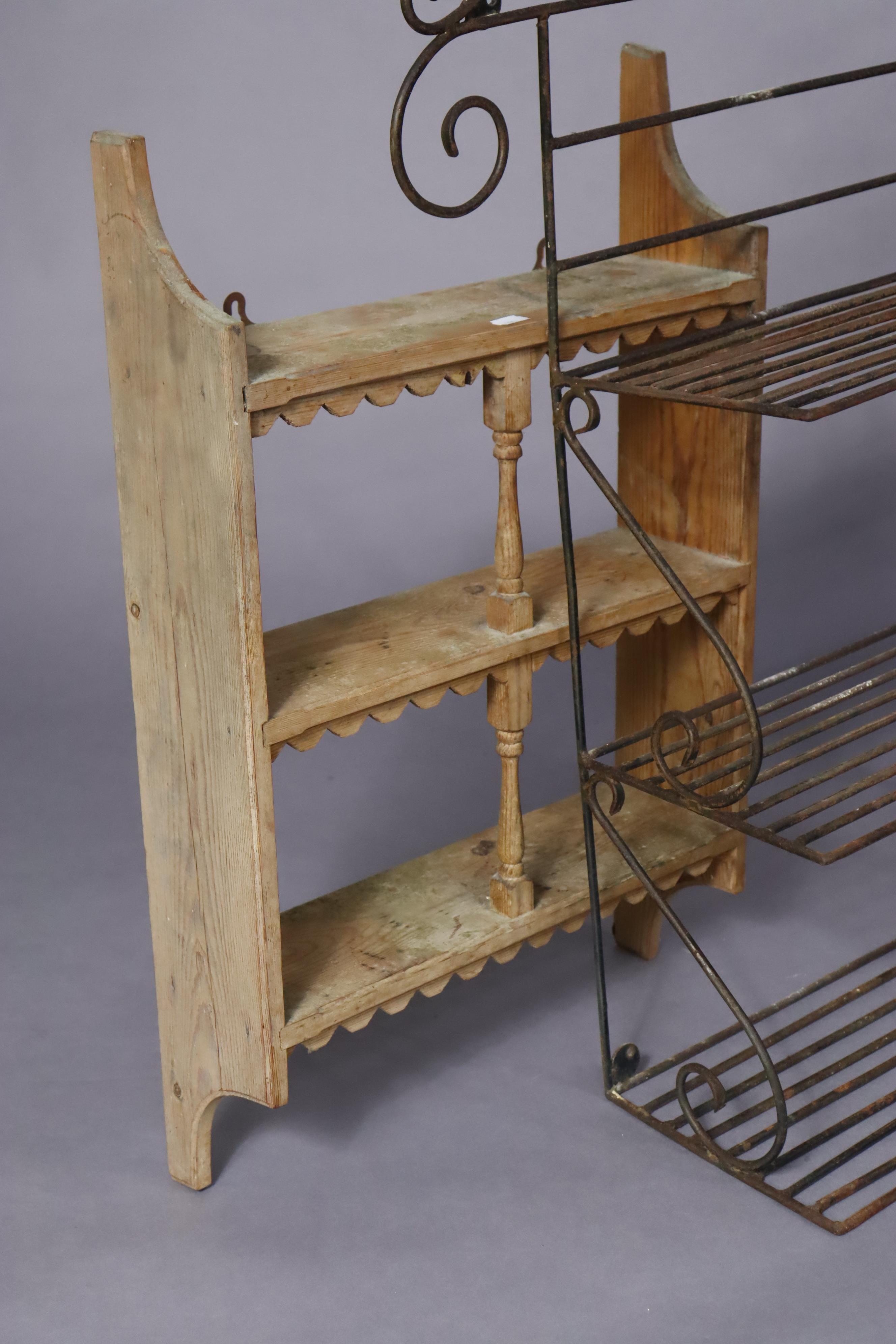 A pine wall-mounted plate rack, 61.5cm wide x 43cm high; together with two small sets of pine wall - Image 4 of 7