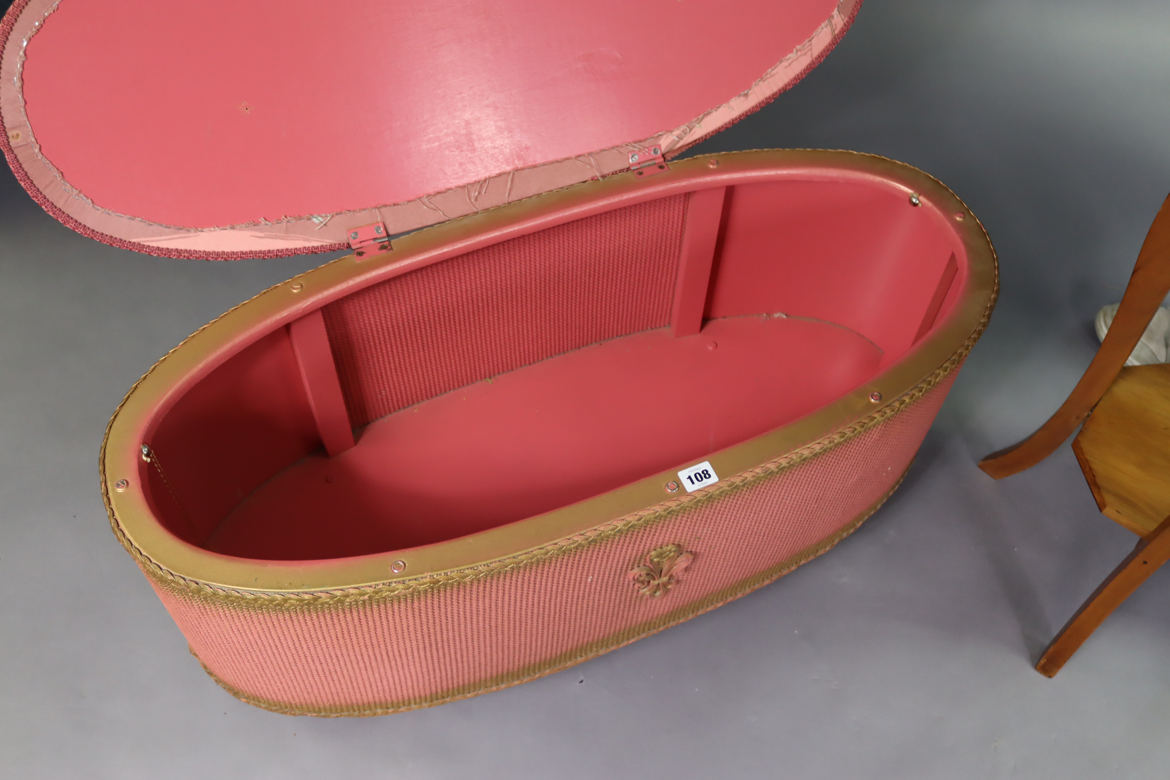 A pink & gold painted loom oval blanket box, 91cm wide; together with three occasional tables; & a - Image 7 of 7