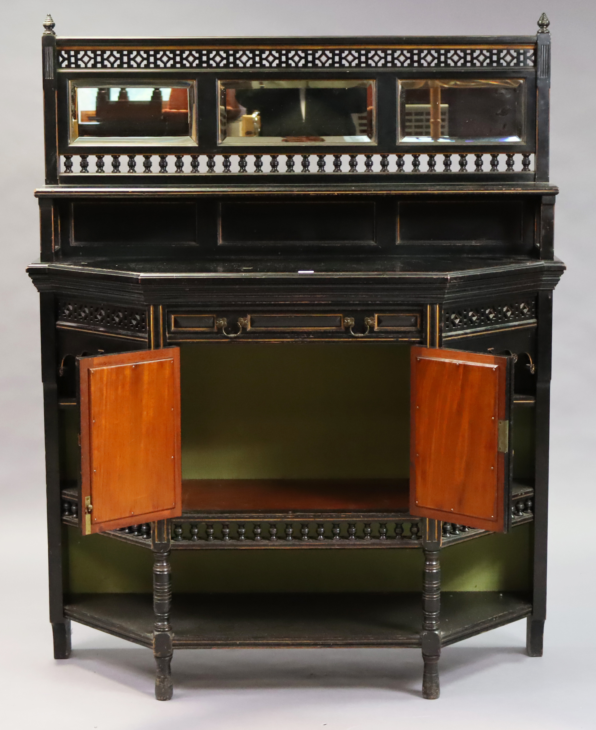 A late Victorian aesthetic-style ebonised wooden side cabinet, inset three bevelled mirror plates to - Image 2 of 6