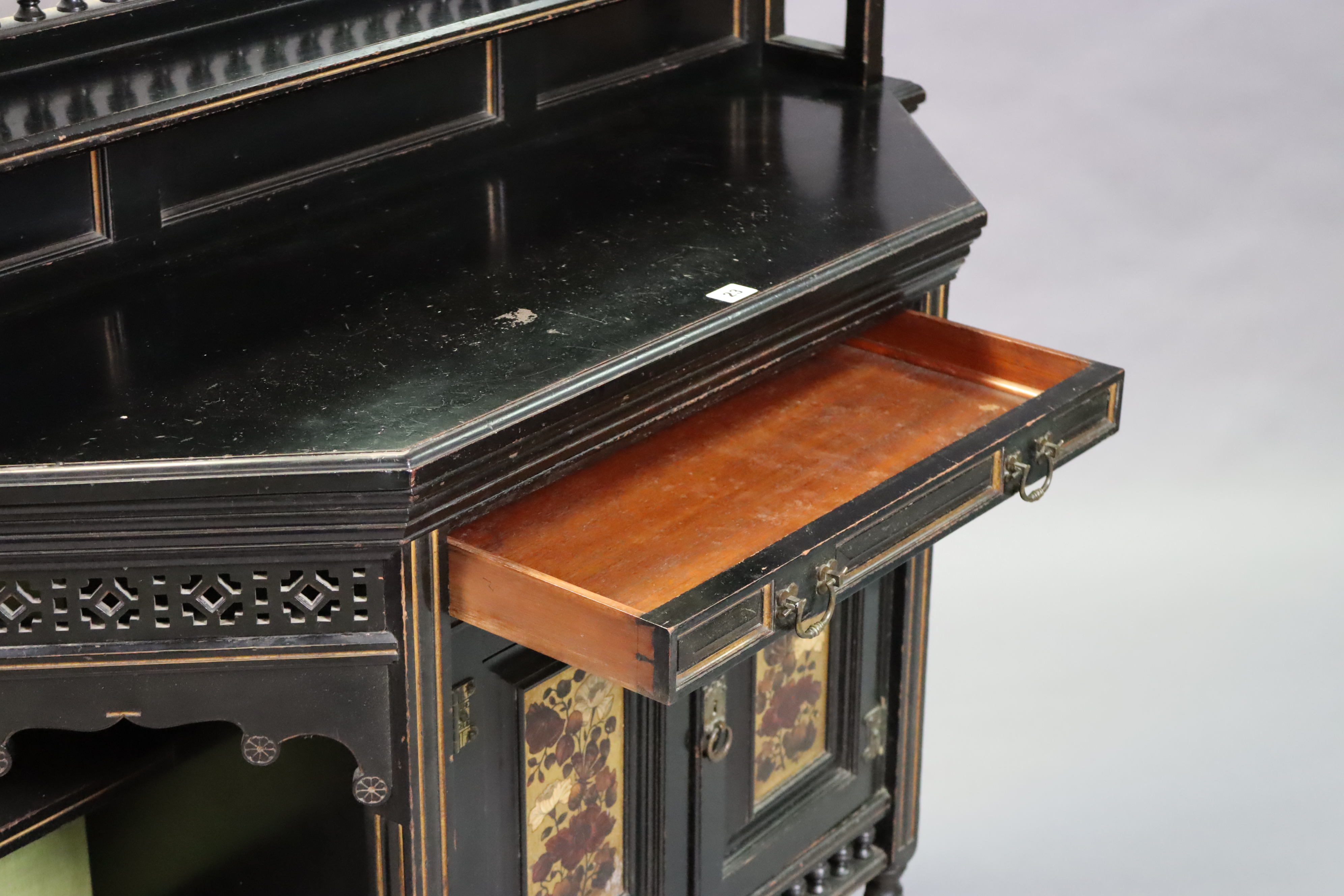 A late Victorian aesthetic-style ebonised wooden side cabinet, inset three bevelled mirror plates to - Image 3 of 6