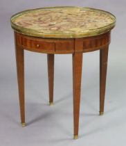 A continental-style inlaid-mahogany occasional table inset marble to the circular top, with a gilt-
