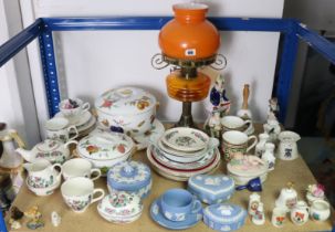 Five various items of Royal Worcester kitchenware; an Edwardian-style oil lamp; five items of