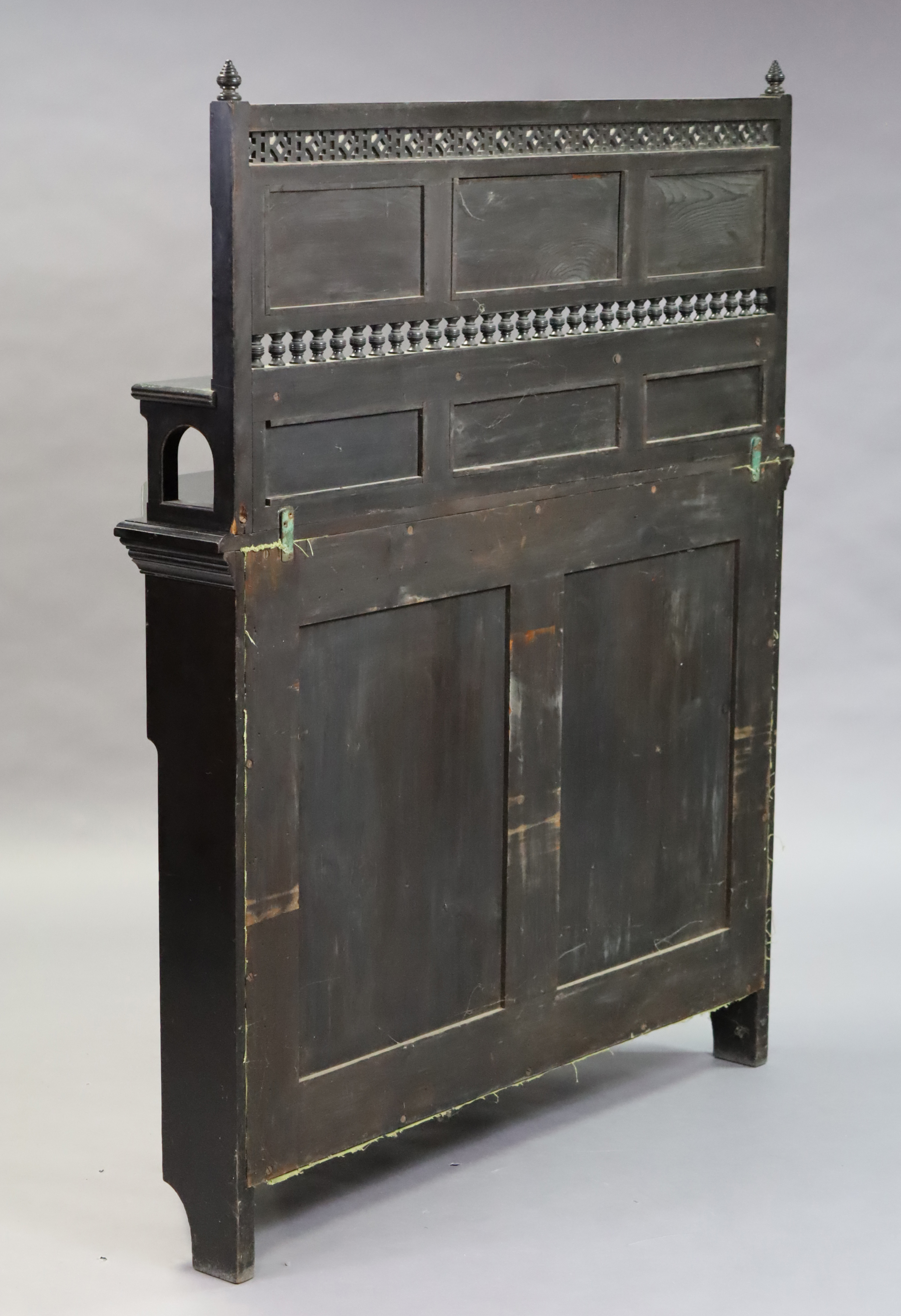 A late Victorian aesthetic-style ebonised wooden side cabinet, inset three bevelled mirror plates to - Image 5 of 6