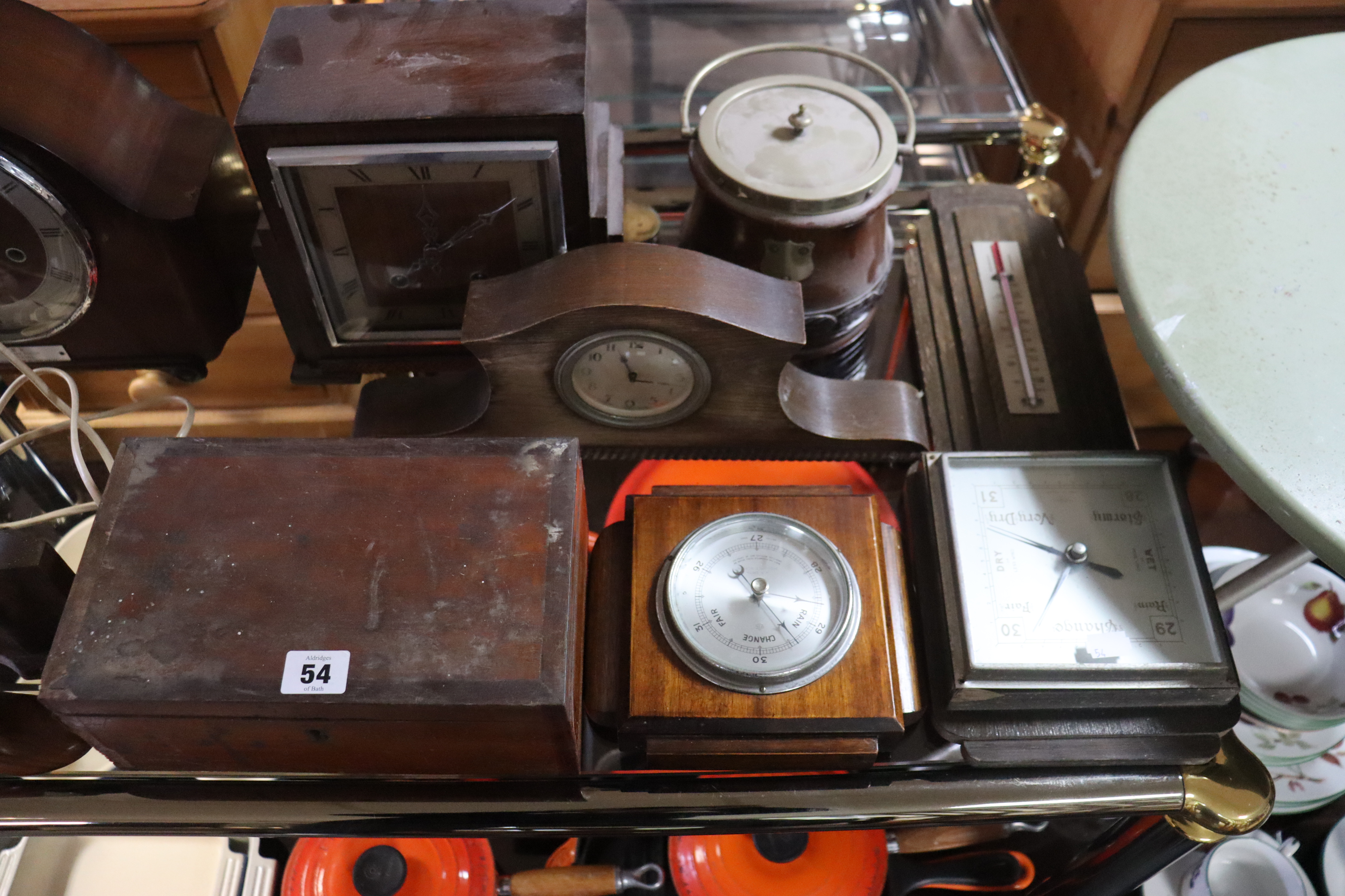 Three mantel clocks; three wall barometers; a biscuit barrel; & a trinket box. - Image 2 of 3