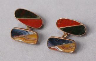 A pair of 9ct. gold cufflinks, each with an oval & a rectangular panel set coloured hardstones,