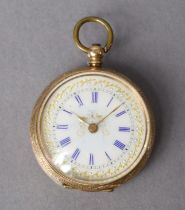 A continental ladies’ fob watch in engraved 14K case, the white enamel dial with blue roman numerals
