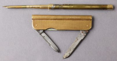 A Sampson Mordan & Co. 18ct. gold mounted pocketknife with two steel folding blades, engine-turned