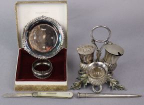 A silver & silver-plated cruet stand of thistle design, the mustard pot only with Sheffield