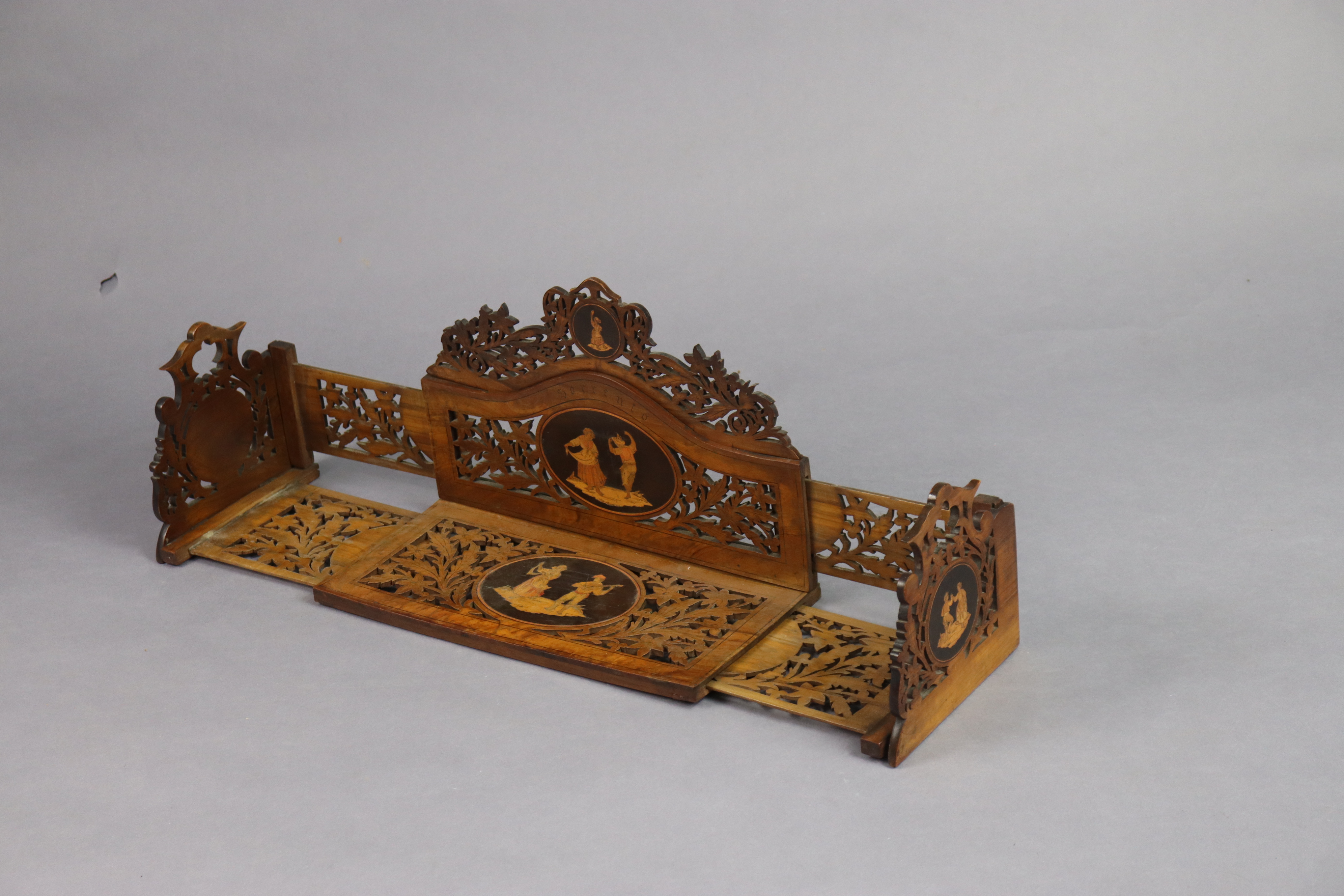 A 19th century Sorrento-ware marquetry-inlaid olive wood adjustable book-trough with pierced sides, - Image 3 of 9