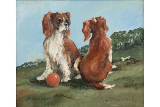 ENGLISH SCHOOL (20th century) Two King Charles spaniels with a ball & a bone, titled “Exchange” & - Image 1 of 5