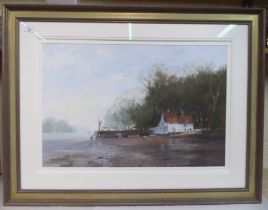 Roy Perry - an estuary scene at low tide with moored craft beside a white painted dwelling amid