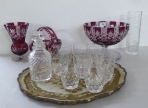 Glassware: to include a Bohemian Cranberry and clear coloured glass pedestal bowl  8"dia