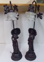 A pair of Edwardian style bronze finished table lamps, each fashioned as a young lady holding a