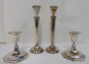 Two pairs of dissimilar loaded silver candlesticks  mixed marks  8" & 5"h