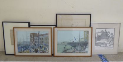 Framed modern artwork: to include a pair of 20thC figure studies in British harbours