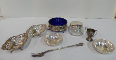 Silver and white metal collectables: to include a dressing table jar; and table cellar  mixed marks