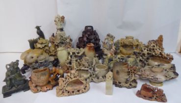 20thC carved Oriental soapstone ornaments: to include landscapes, birds and vases  mixed sizes