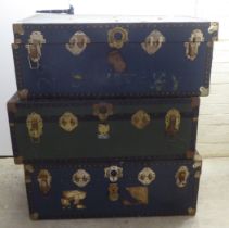 Three similar early/mid 20thC cabin trunks with straight sides and hinged lids  all approx. 13.5"