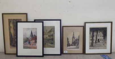 Five prints: to include after Preston Gibb - 'The Iron Steeple, Glasgow'  5" x 7"  framed