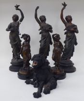 Late 19thC French spelter models, each featuring a dancing maiden, on a turned plinth, viz. a pair
