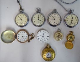 Variously cased pocket watches: to include a yellow metal half-hunter, faced by a Roman dial