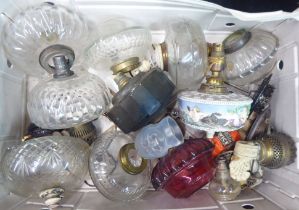 19th and 20thC mainly glass, spares or repairs oil lamp reservoirs   various forms & decoration