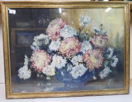 Marion Broom - a still life study, chrysanthemums in a vase  watercolour  bears a signature  21" x