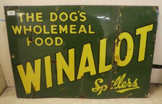 A vintage cast iron, yellow on green, enamel advertising sign for 'Winalot Dog Food  20" x 30"