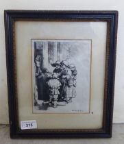 After Rembrandt - a later monochrome print of a circa 1648 begging street scene  5" x 7"  framed