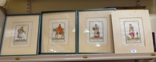 A series of four French figure studies  coloured prints  9" x 7"  three framed