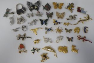 Costume jewellery, mainly brooches: to include dogs, a frog and a butterfly