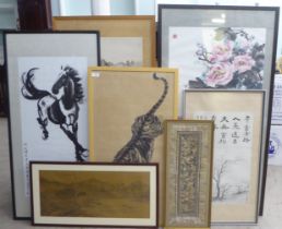 Oriental pictures: to include a Chinese study of a tiger  watercolour  33" x 17"  framed