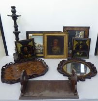 A mixed lot: to include a mahogany serving tray, decorated with floral marquetry  18"w; and a