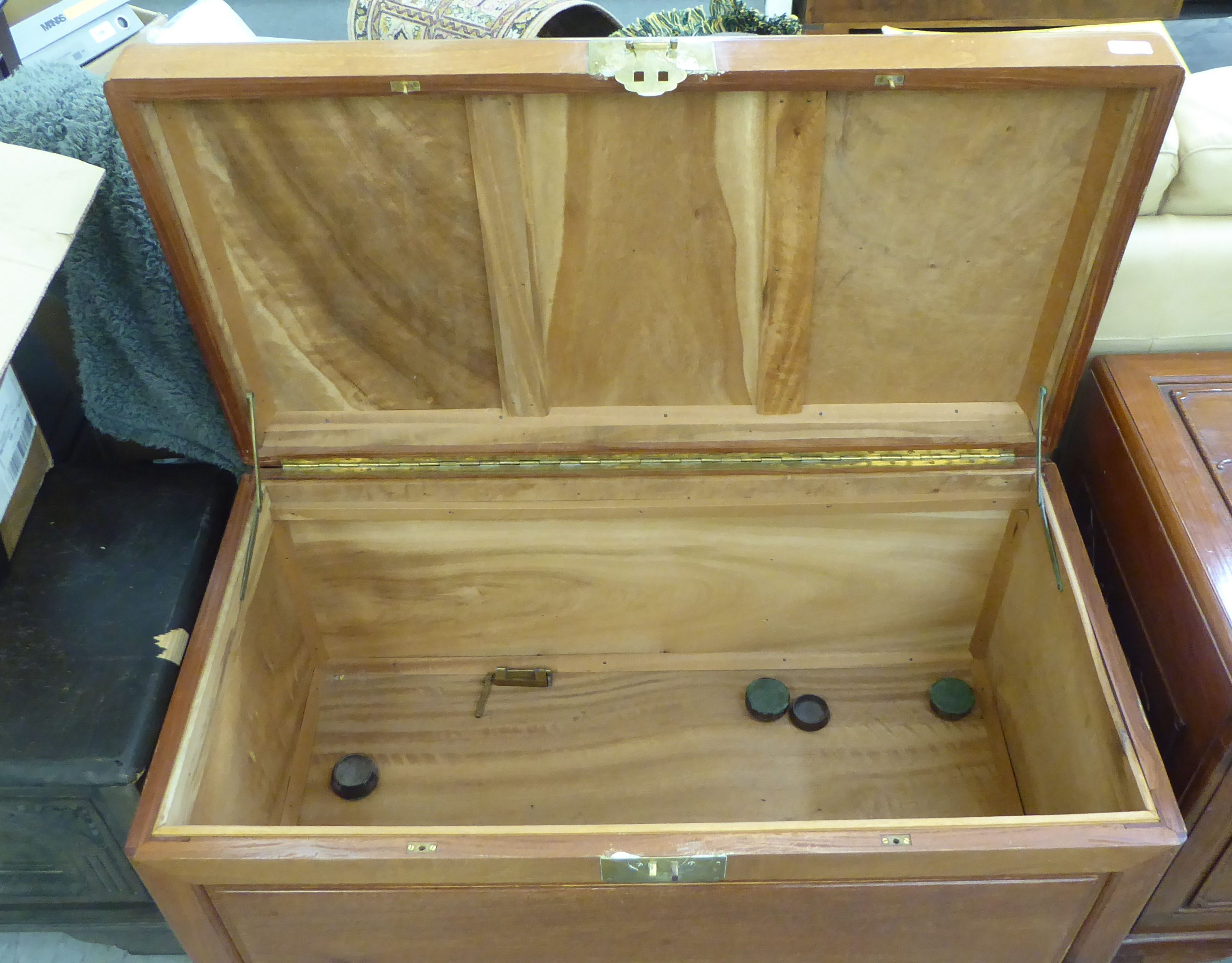 A mid 20thC Chinese fruitwood chest with a hinged lid, raised on cabriole legs  23"h  40"w - Image 3 of 3