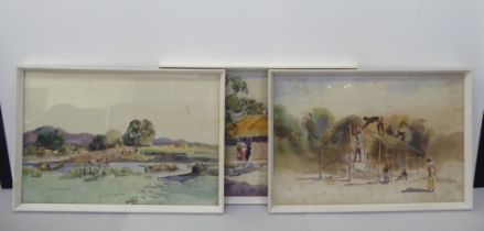 Norman Ellison - three African village scenes  watercolours  bearing signatures  12.5" x 18"  framed