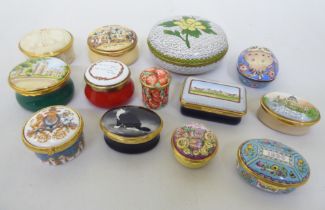 Enamelled pill boxes: to include a Bilston example, decorated with verse  various sizes