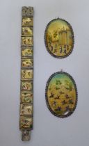 Indian white metal jewellery, each set with painted mother-of-pearl tablets