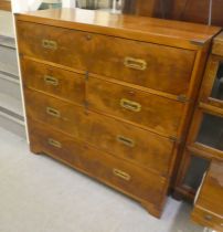 A late 19thC and later mahogany two part military chest with brass corner re-enforcement and