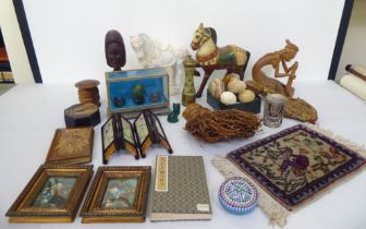 A mixed lot: to include hardstone eggs  2.5"h; and a ceramic figure of a horse  10"h